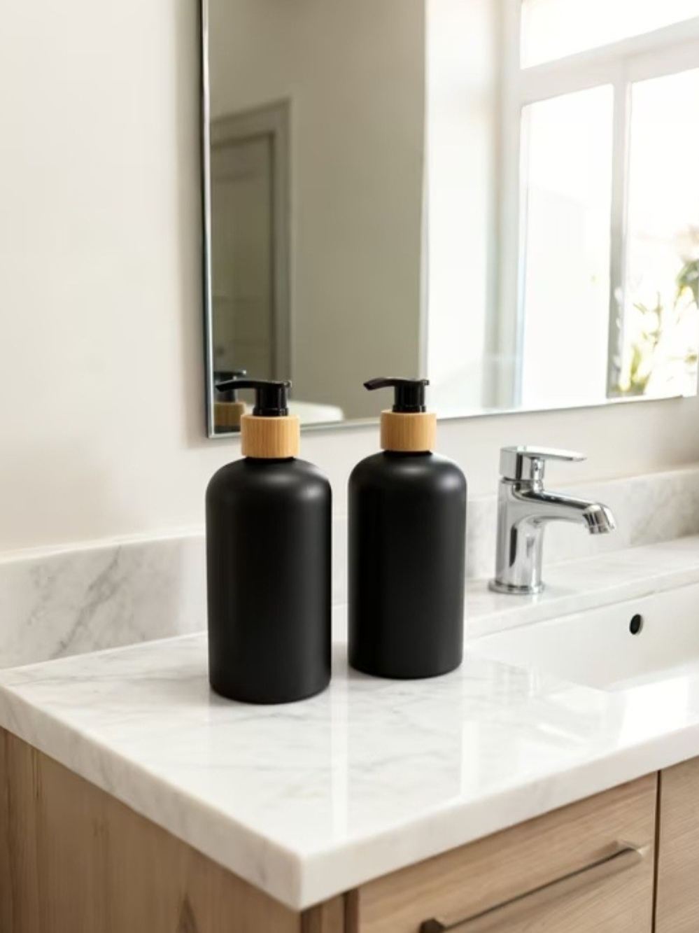 Matte Black Liquid Soap Dispenser with Bamboo Pump - Set of 2, NIB